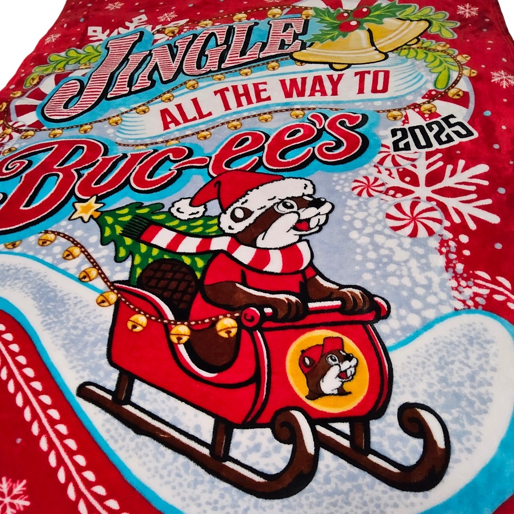 Buc-ee's Plush Throw Blanket 50x70 Red 2025 Christmas Jingle Sleigh Beaver